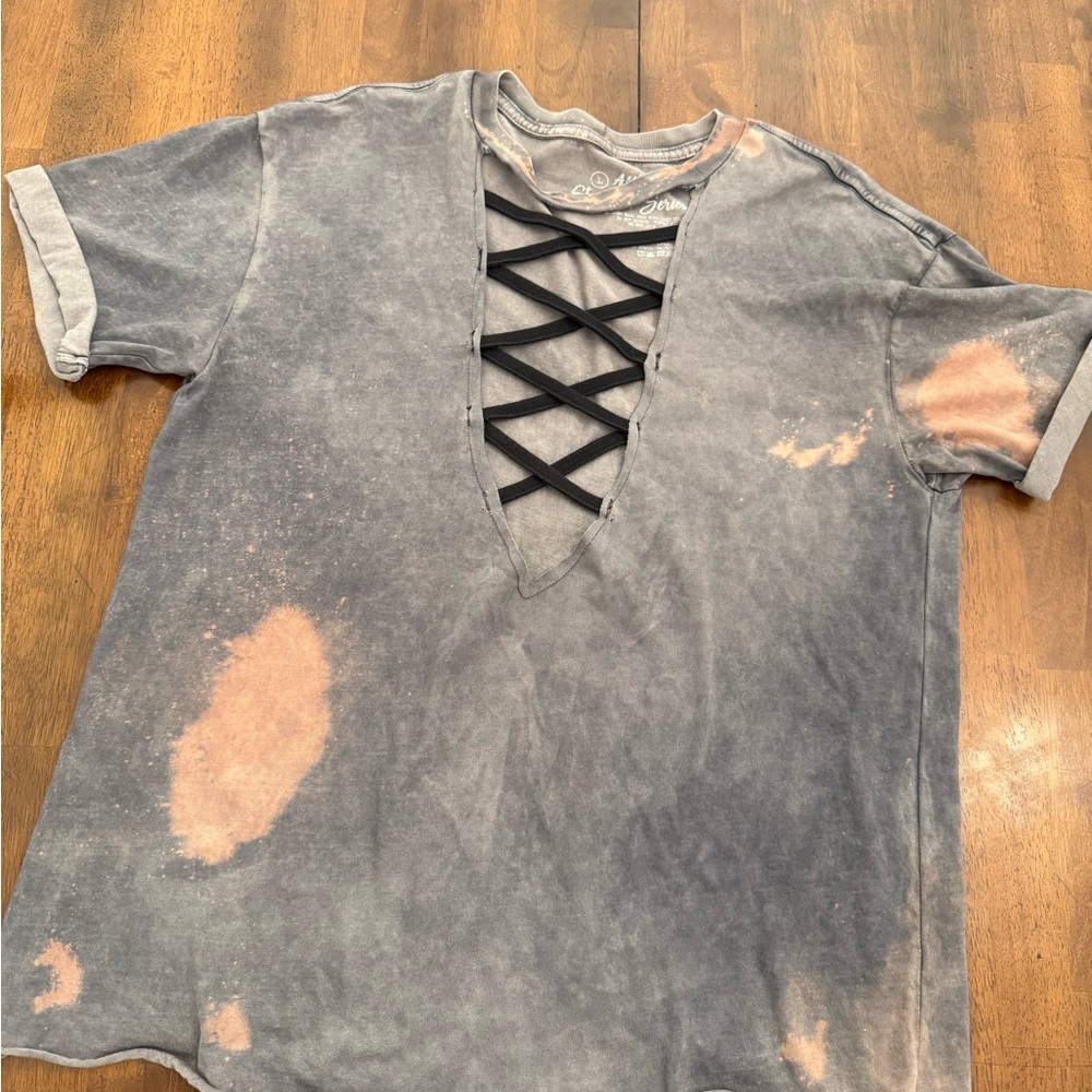 Women’s Washed Grey Crisscross V-Neck Top